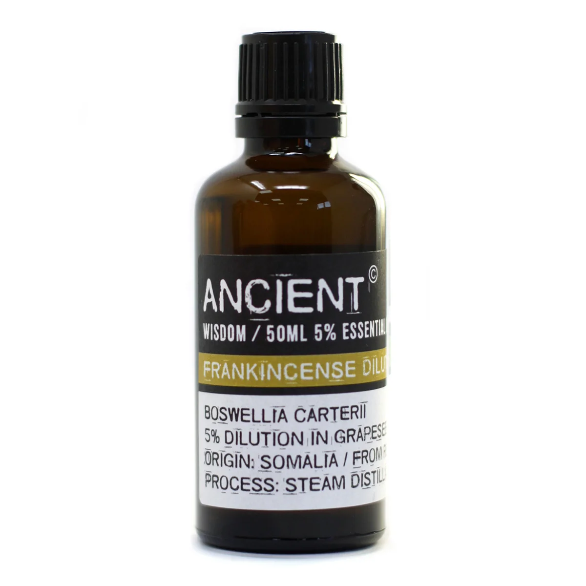 Glass bottle of frankincense oil 50ml with a clear label.