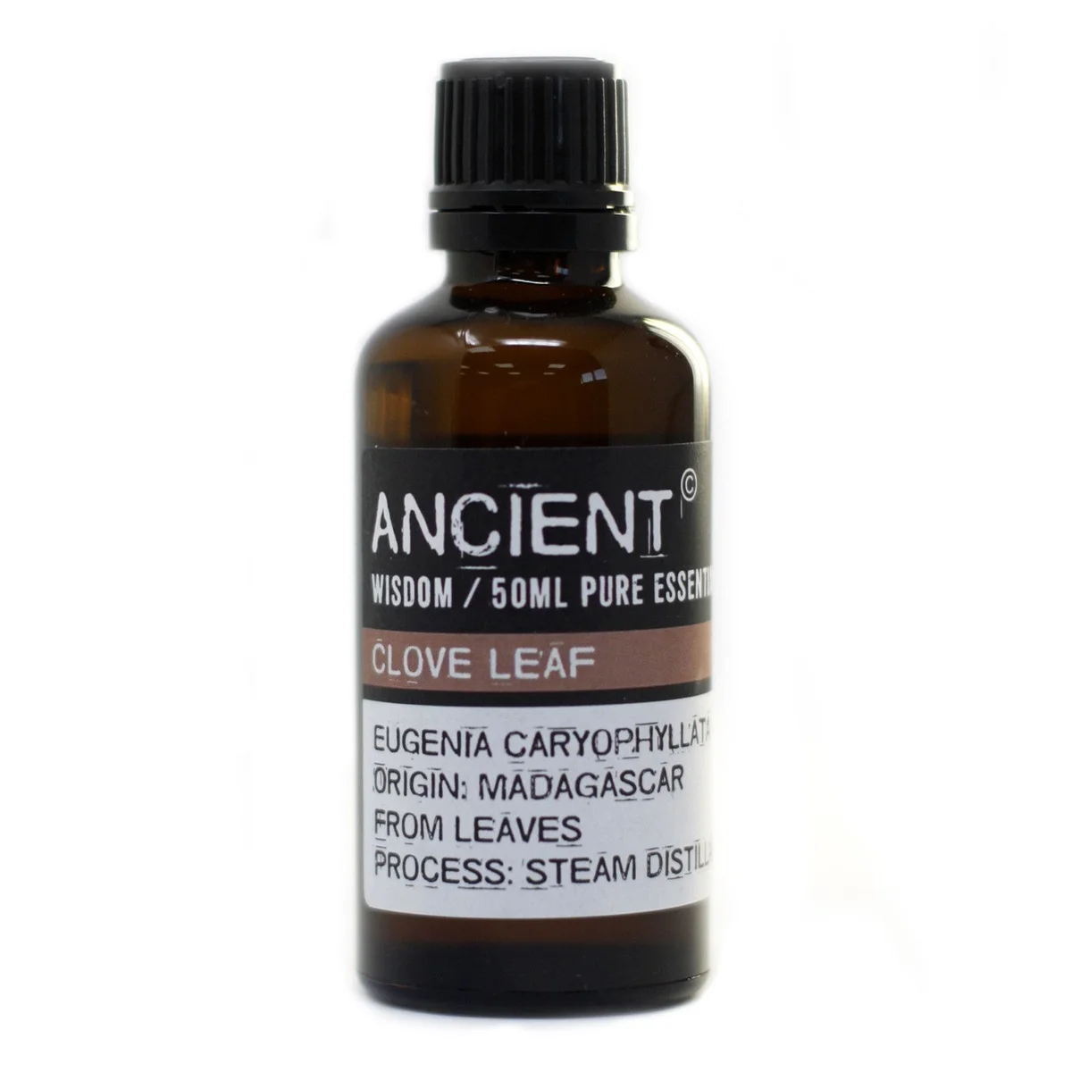 Clove leaf 50ml bottle with label showing its name and size details.