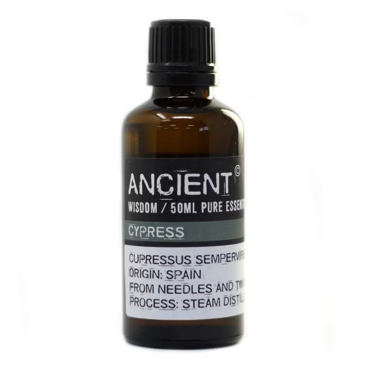 Cypress oil bottle, 50ml glass bottle with dark amber liquid.