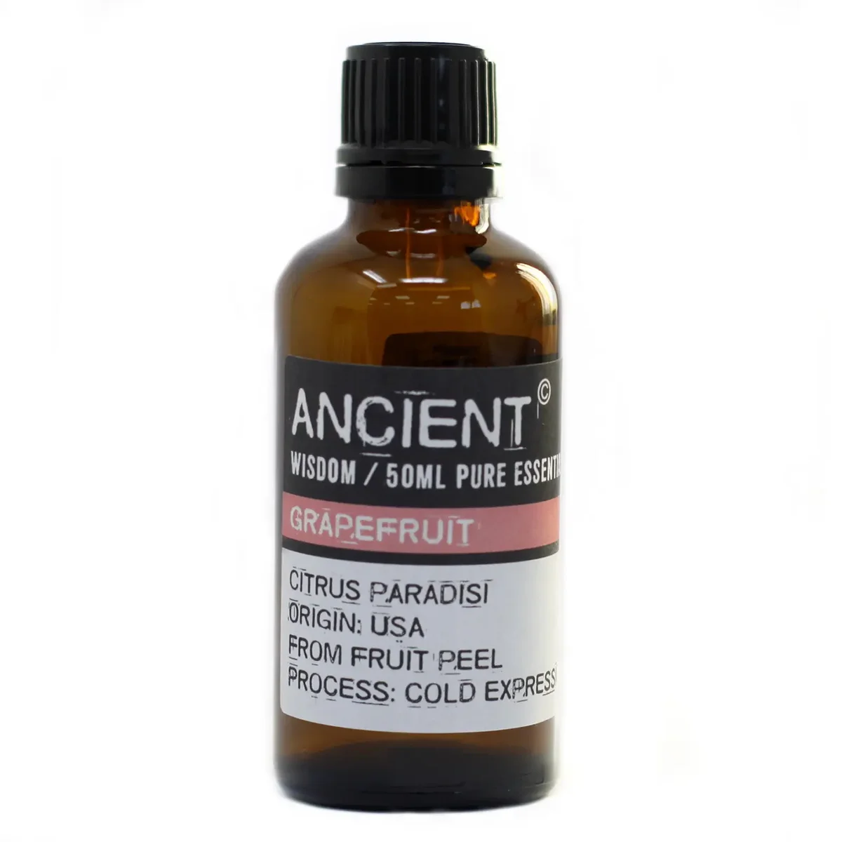 Clear glass bottle of 50ml grapefruit natural essential oil with simple label.