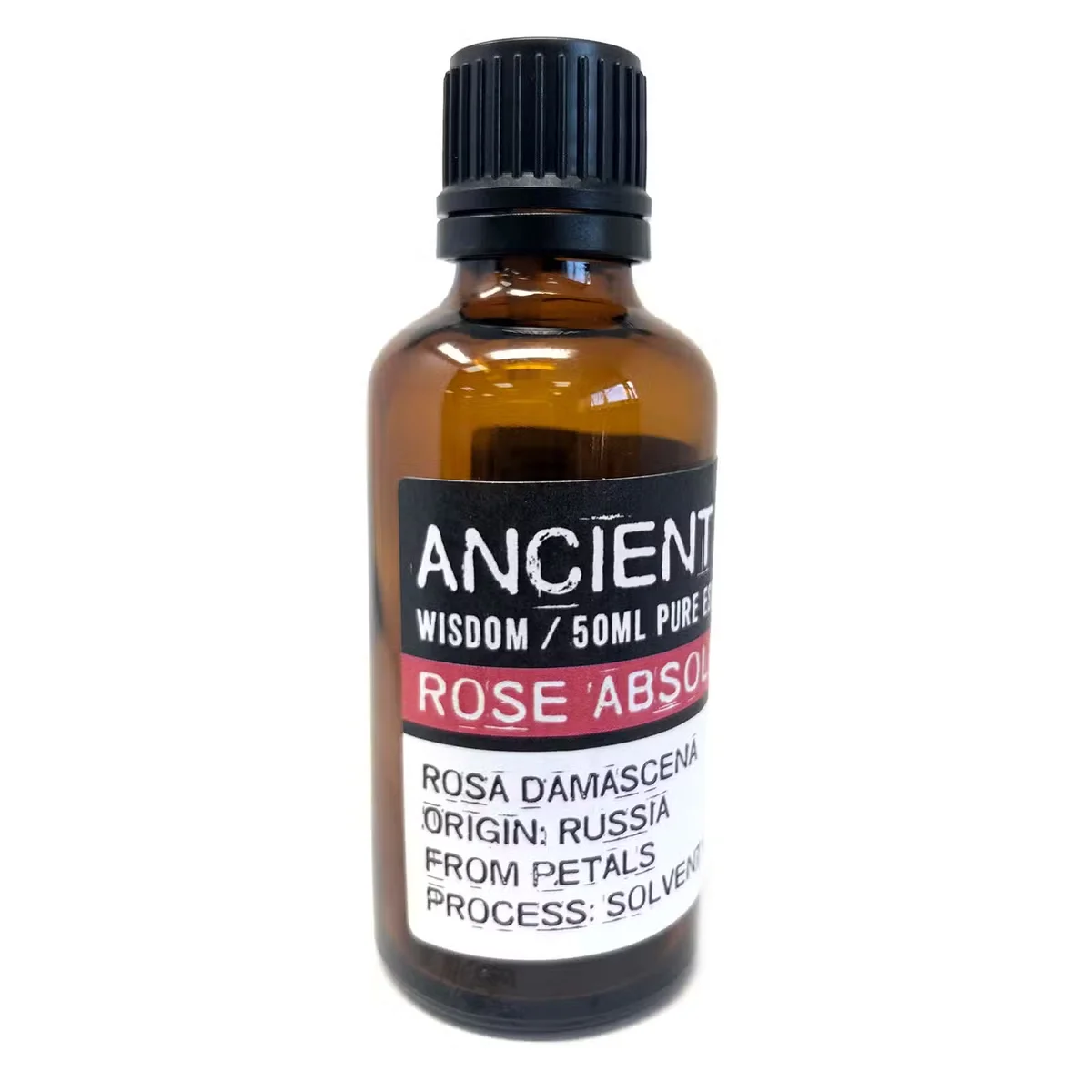 Bottle of rose absolute oil: 50ml amber glass with white label.