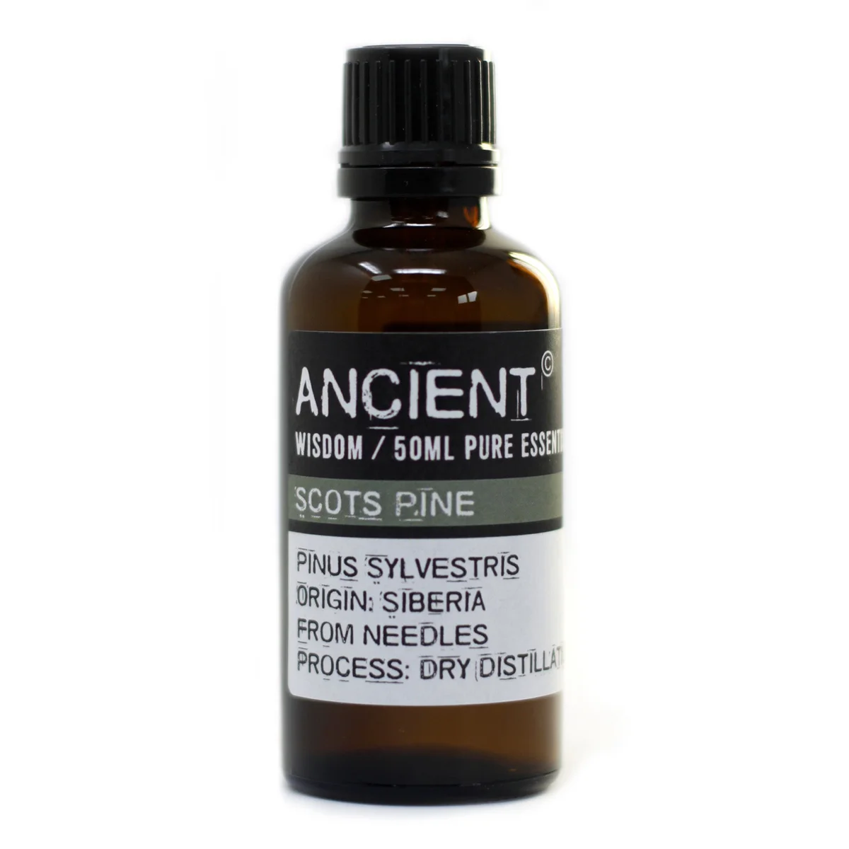 Glass bottle of 50ml Scots pine oil labeled Pine Sylvestris.