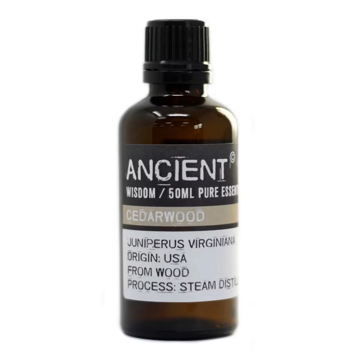 Glass bottle of cedarwood Virginian essential oil 50ml.