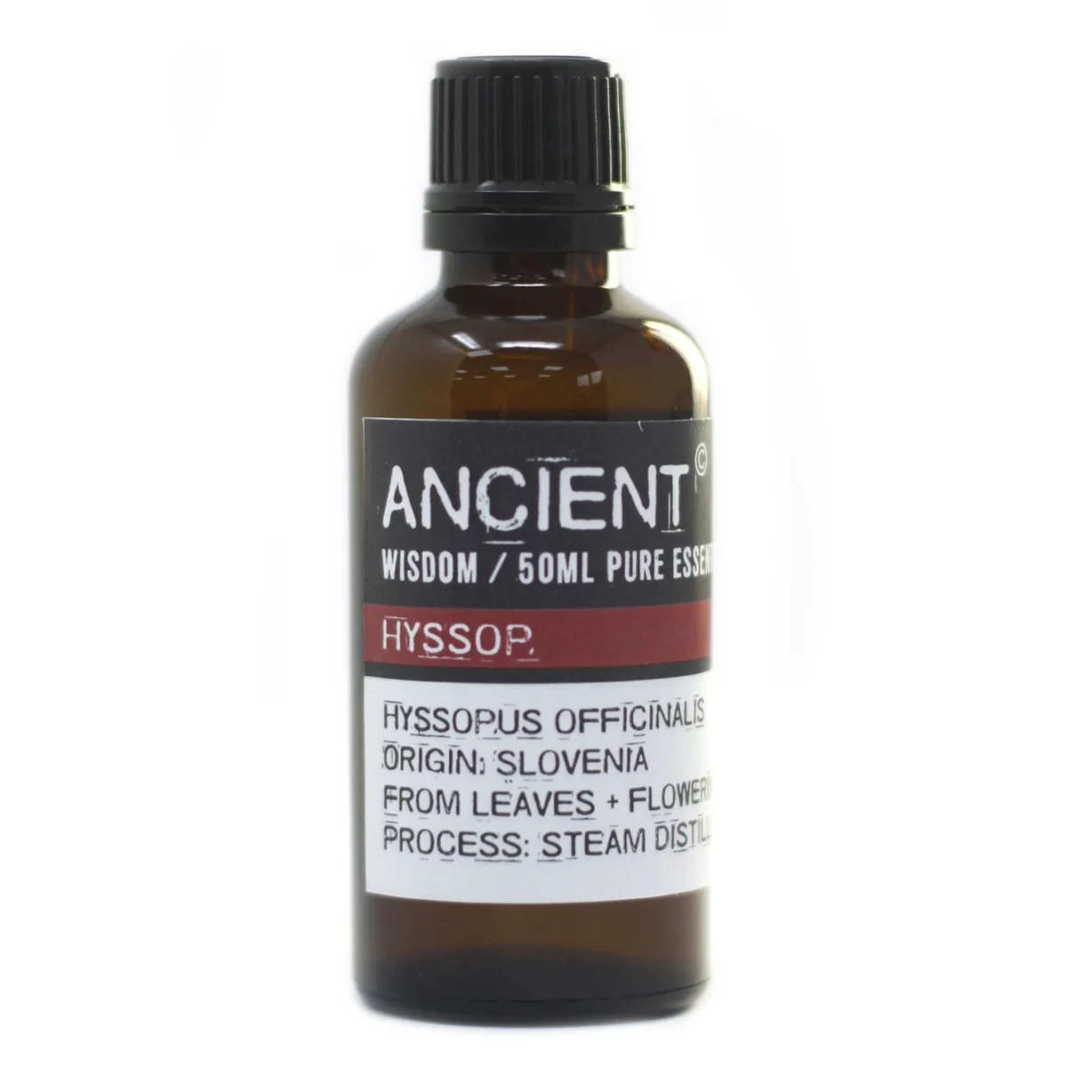 Small glass bottle labeled hyssop 50ml.