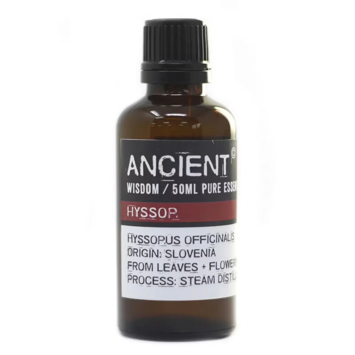 Clear glass bottle of hyssop 50ml size displayed with printed label and cap
