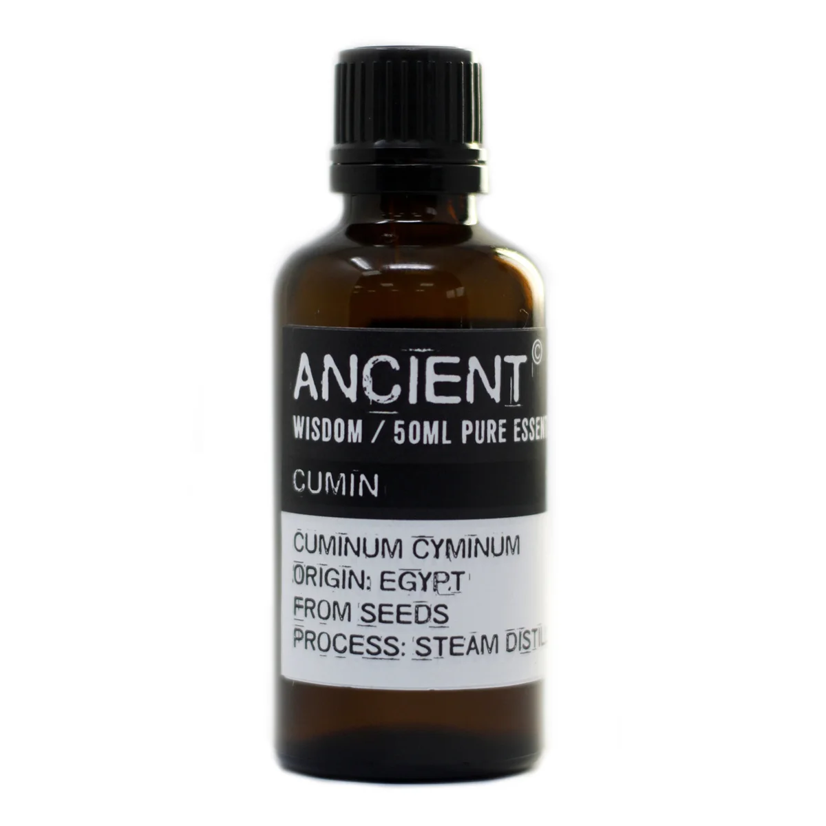 Clear 50ml glass bottle containing cumin seeds UK.
