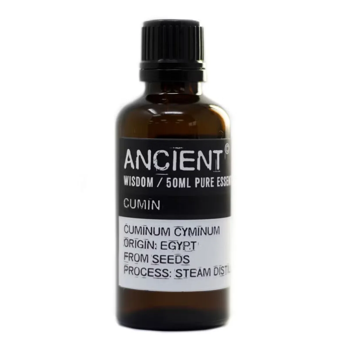 Clear glass 50ml bottle of cumin seeds, labelled, showing a cumin cooking ingredient