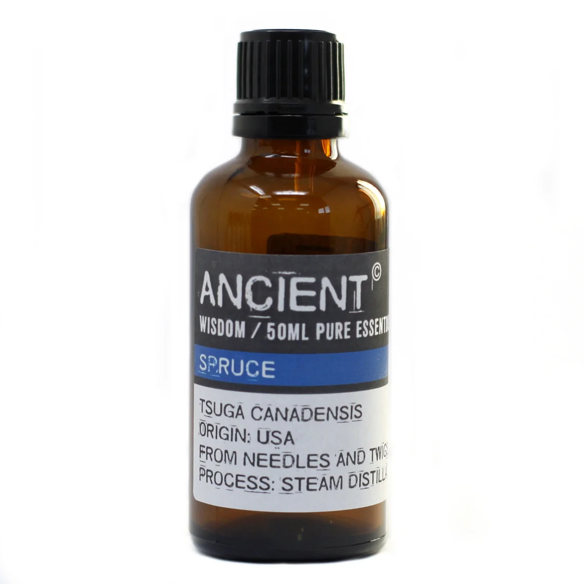 Clear glass bottle containing essential oil spruce, labelled Spruce 50ml.