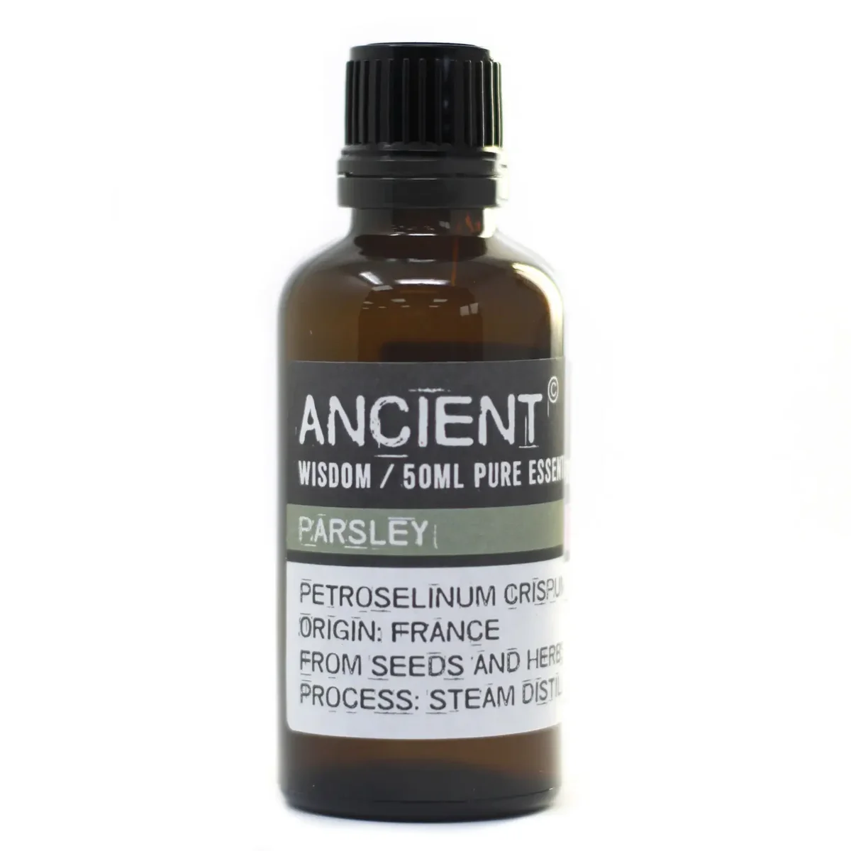 Parsley 50ml clear glass bottle with text label on front.