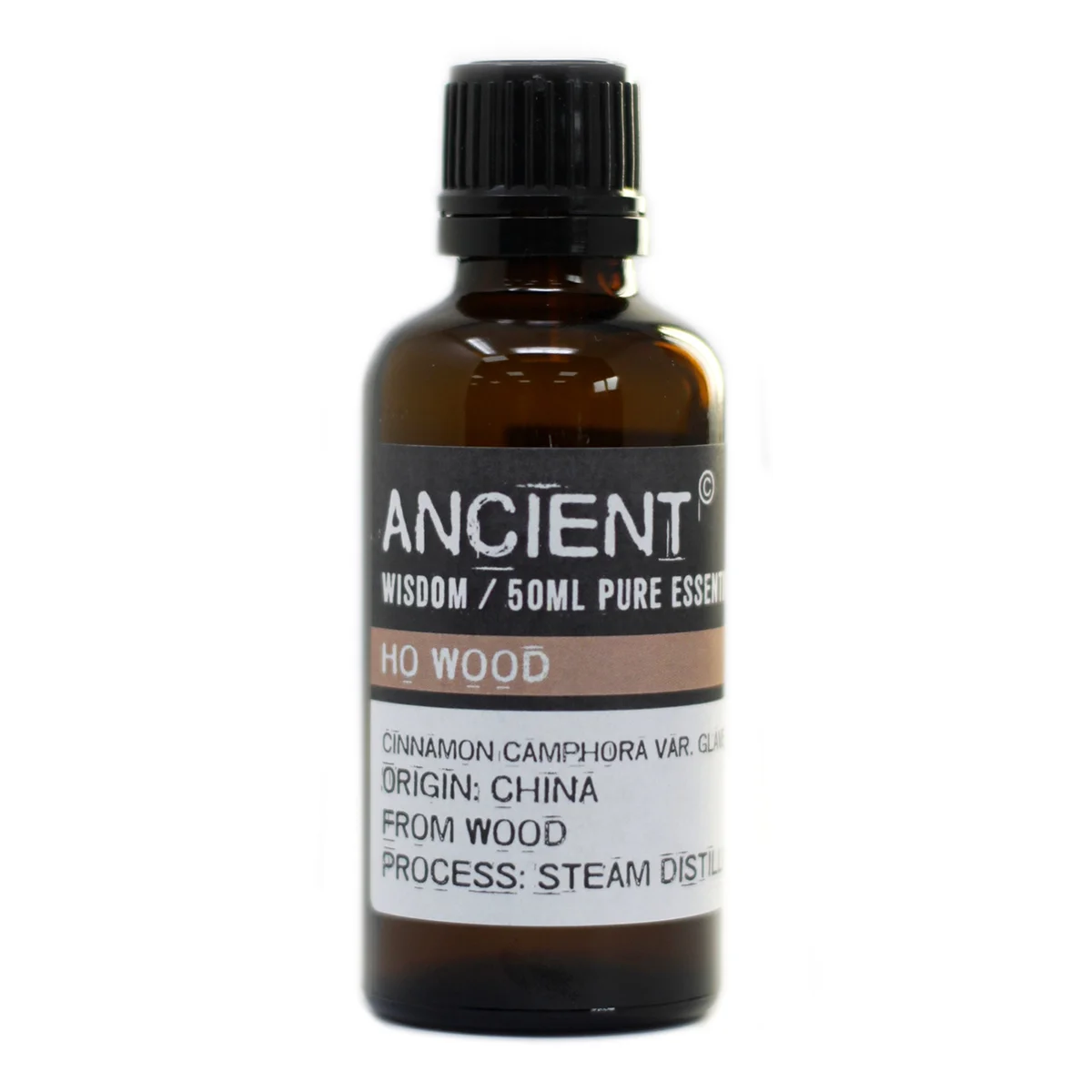 Ho Wood 50ml bottle on plain background, clear glass with prominent label.