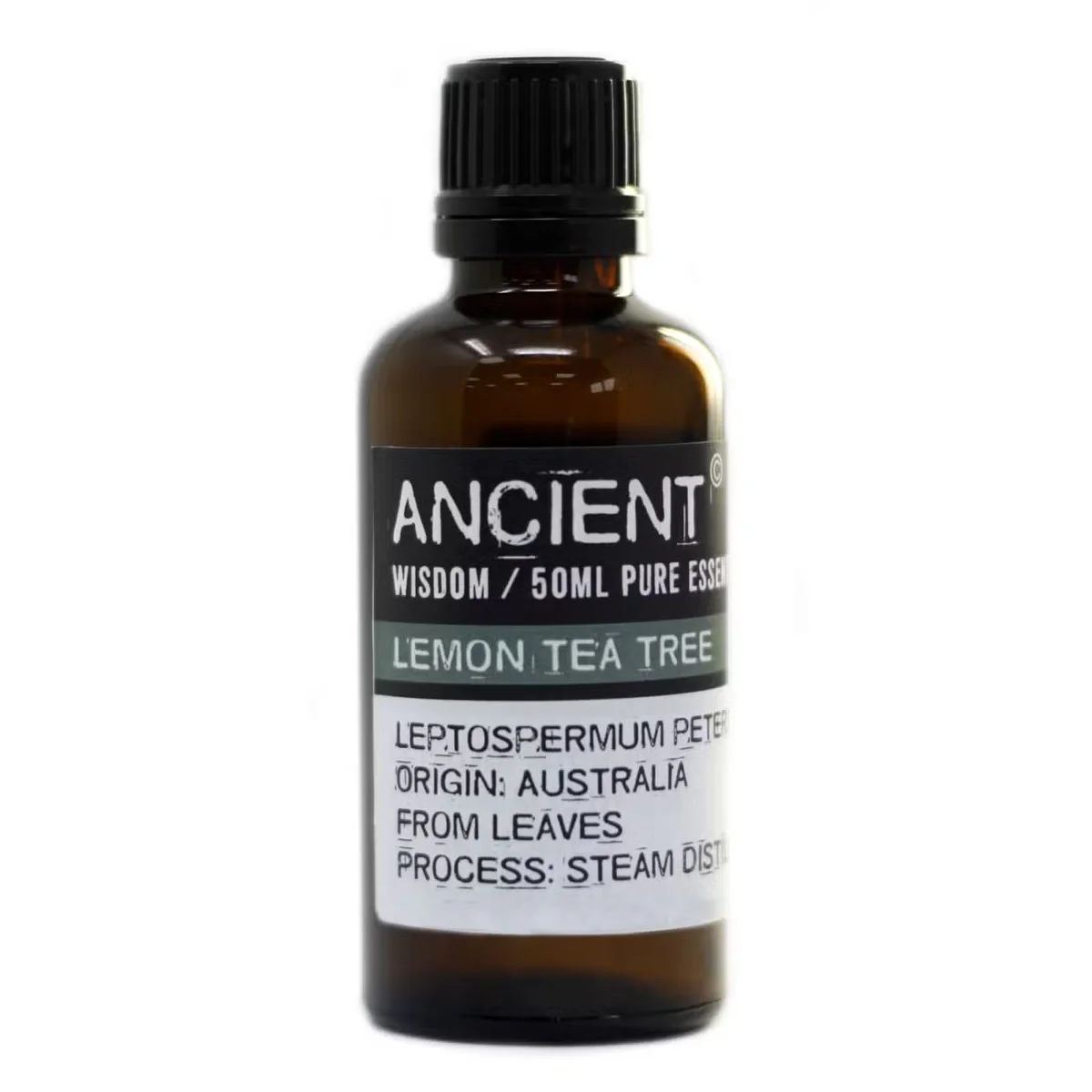 Clear glass bottle labeled Lemon Tea Tree 50ml essential oil