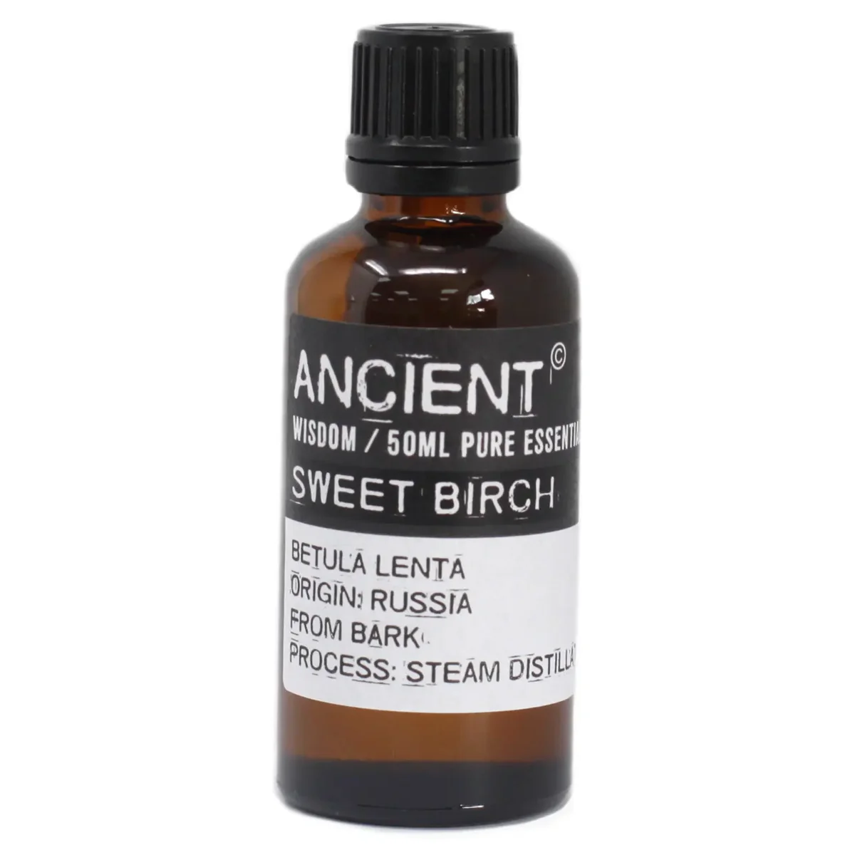 Amber glass bottle with a cork top, labeled Sweet Birch 50ml, showing birch fragrance oil.