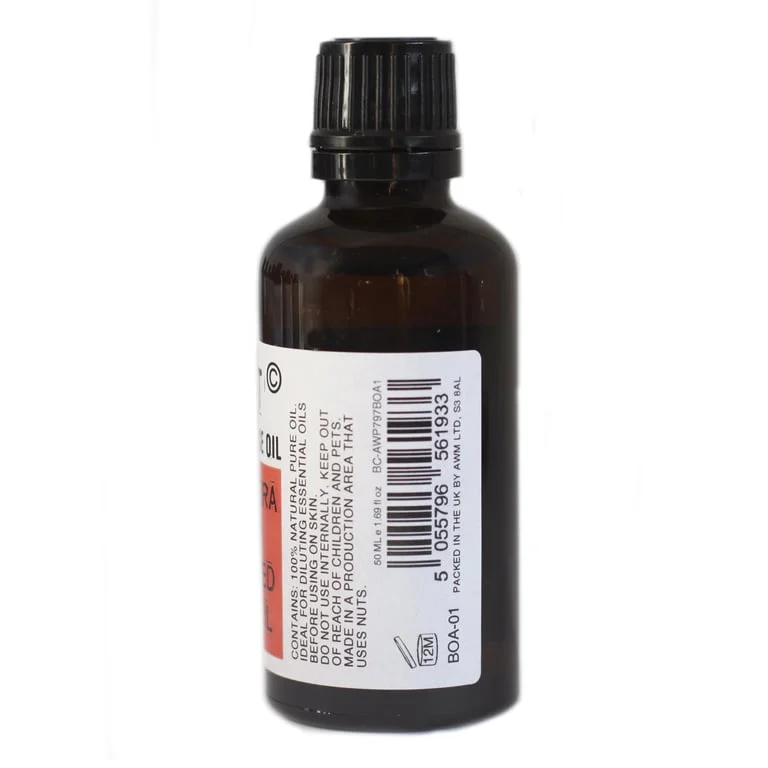 Clear glass bottle holding 50 ml apricot kernel oil, topped with a white dropper and a simple label.