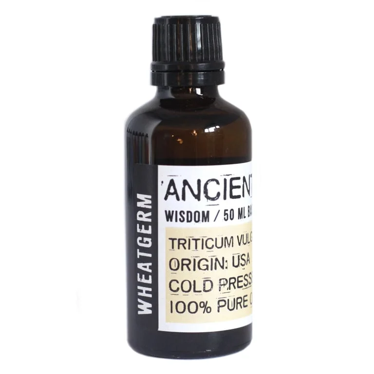Clear glass bottle of 50ml wheatgerm oil with a small label showing the product name and volume.