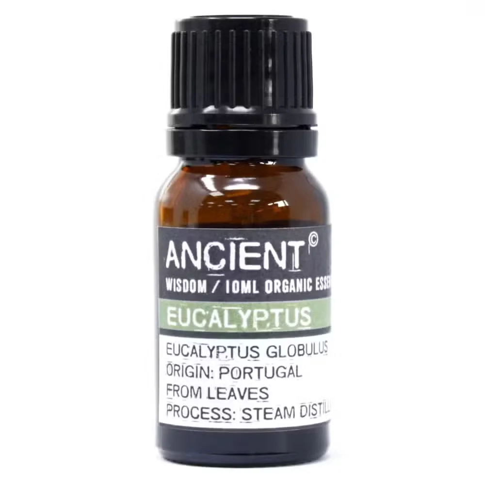 Bottle of 10ml eucalyptus organic essential oil.