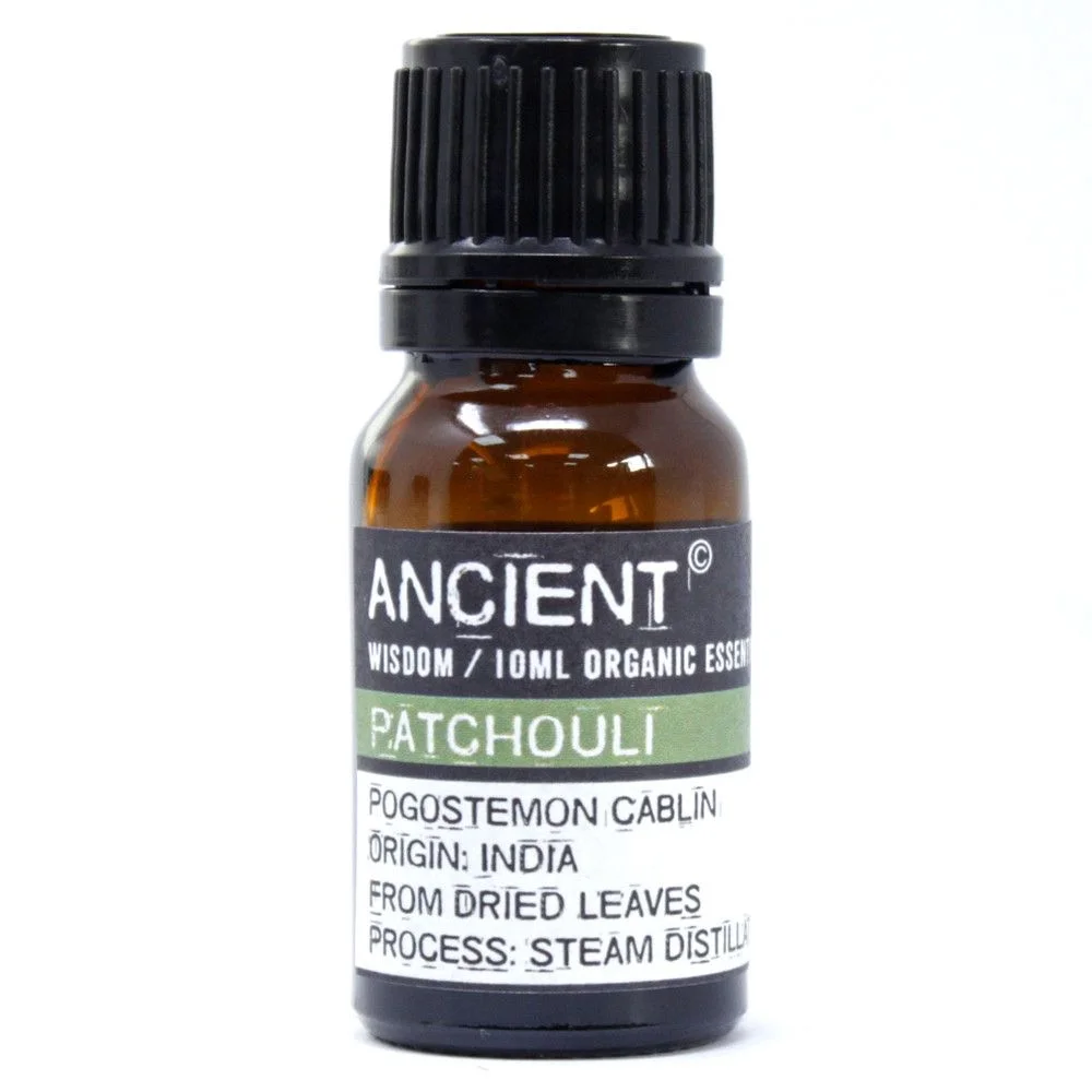 Small glass bottle of organic patchouli essential oil, 10ml, labeled with product name.