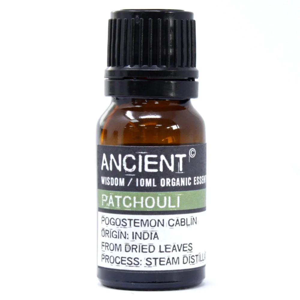 Clear glass bottle containing 10ml of patchouli essential oil, organic.