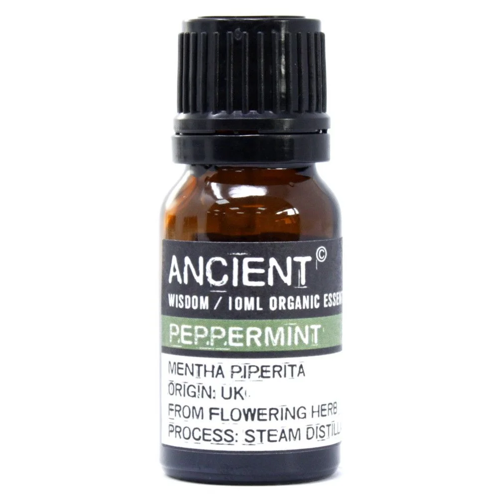 Small glass bottle of 10ml organic peppermint essential oil with green label.