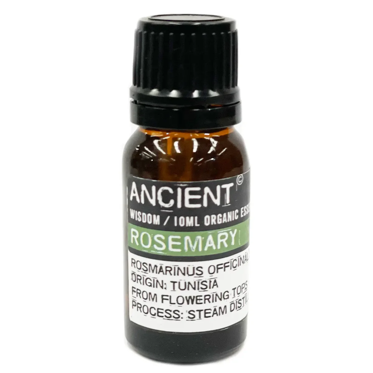 Small amber glass bottle with round cap, labelled rosemary organic essential oil 10ml, on a clean white background.