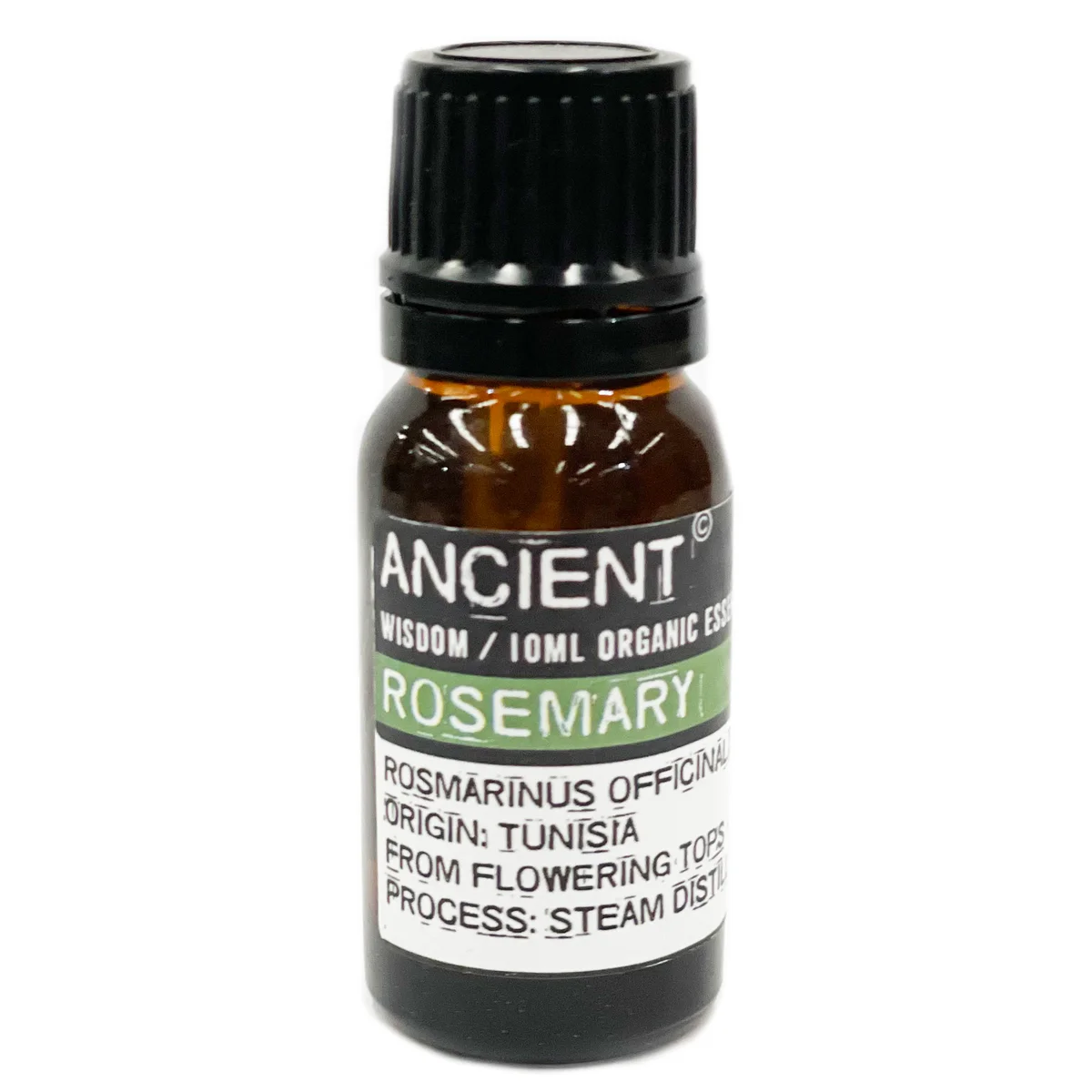 Rosemary organic essential oil in a 10 ml bottle.