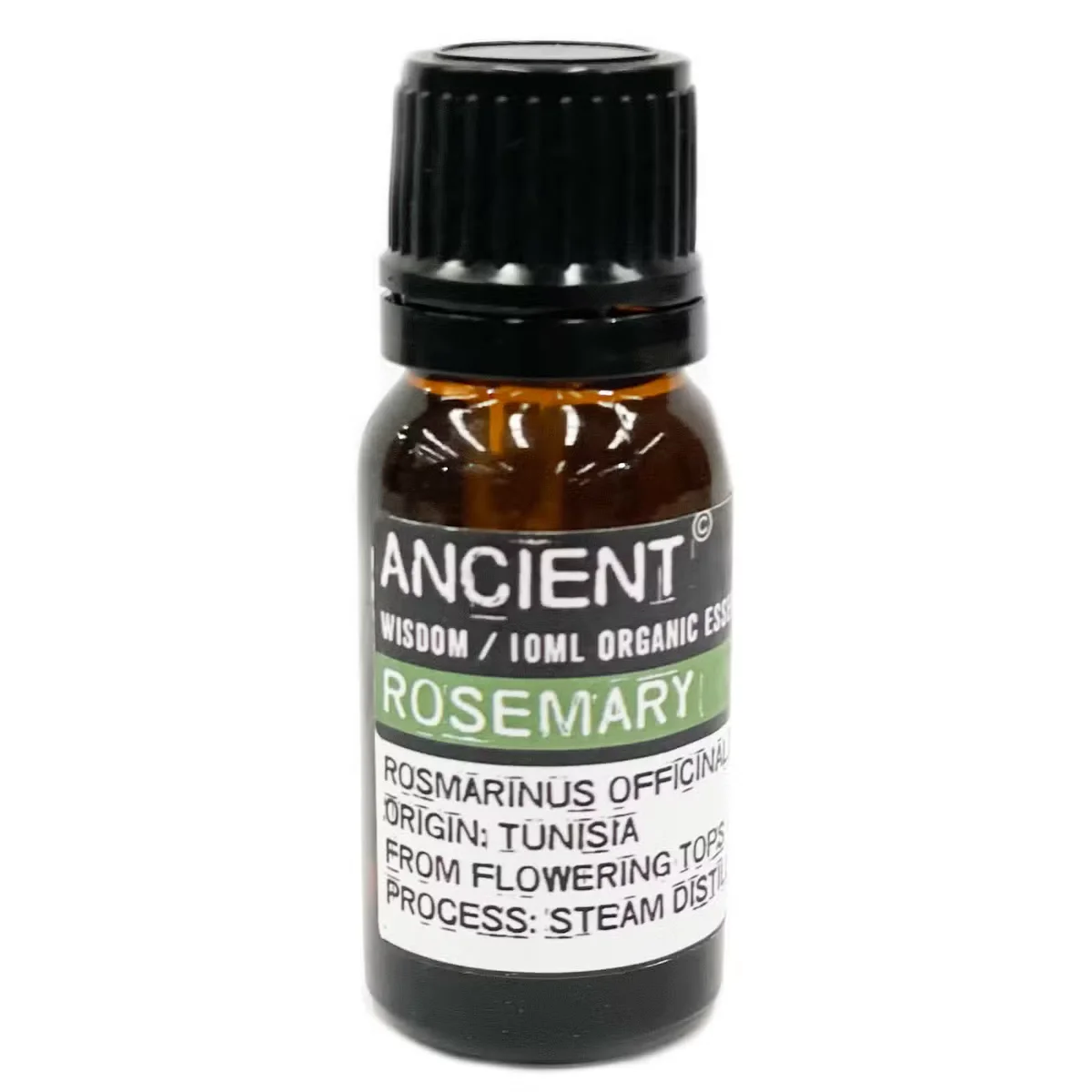 Glass 10ml bottle of rosemary oil in a dark amber dropper bottle, labeled "Rosemary Organic Essential Oil".