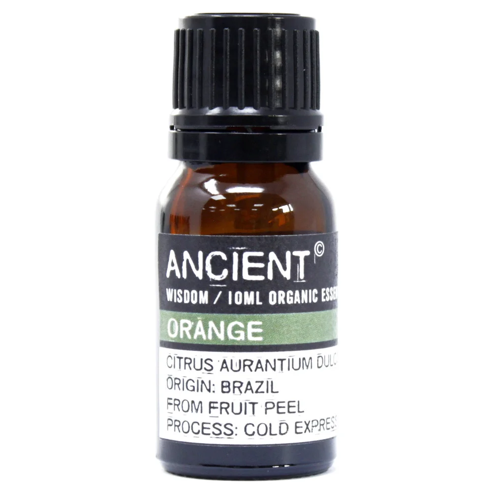 Orange organic essential oil in a clear glass bottle, 10ml, with amber liquid and orange label.