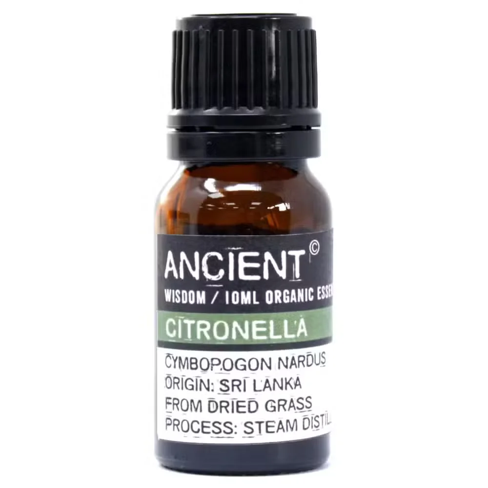 Citronella organic 10ml essential oil in a clear glass bottle with a dark amber spray cap