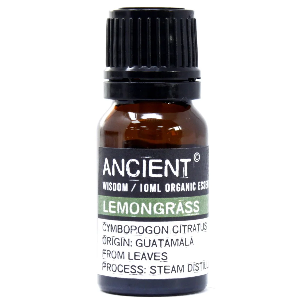 Clear 10ml bottle of organic lemongrass oil on a wooden surface, with label visible.