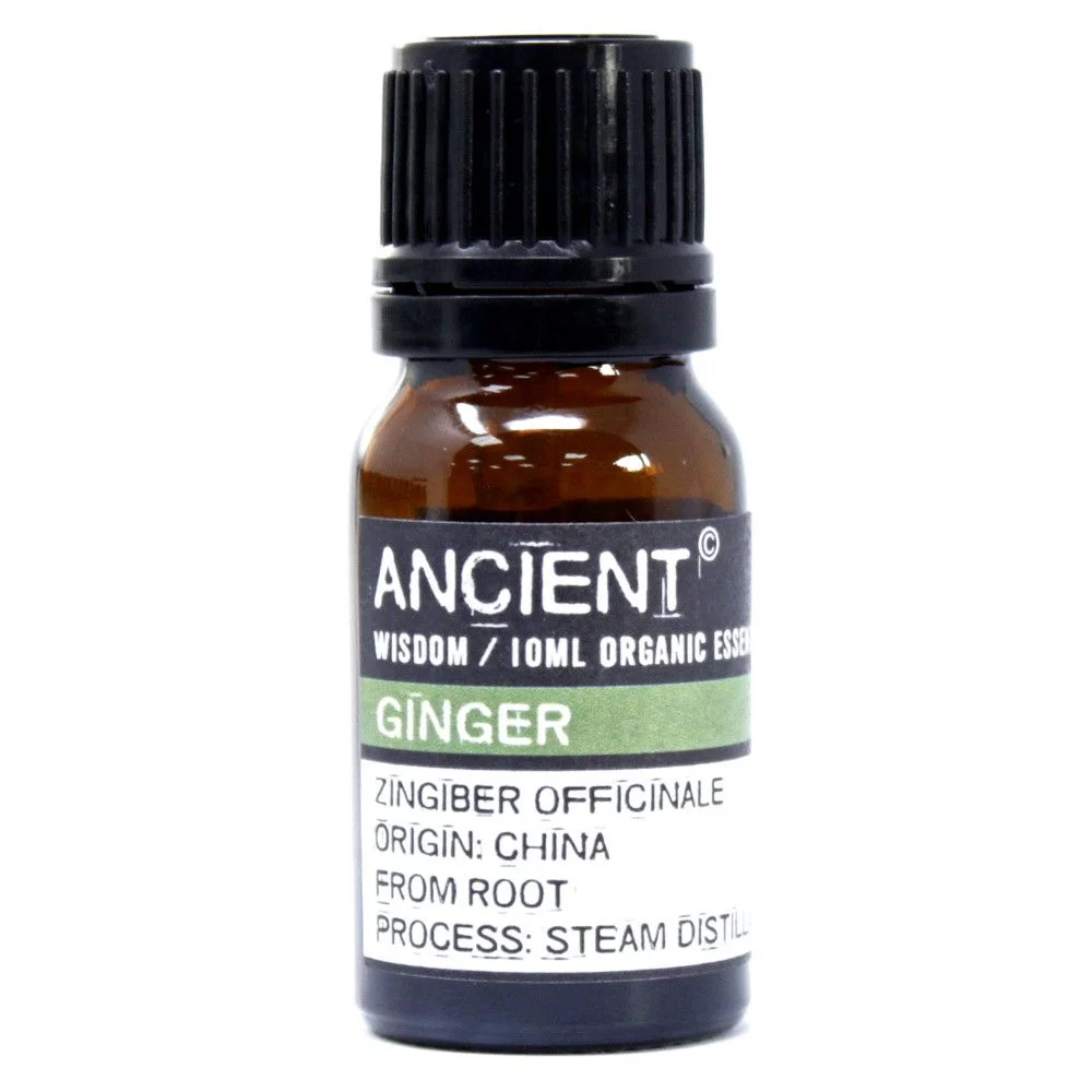Amber glass bottle with dropper containing organic ginger essential oil, labeled 10ml.