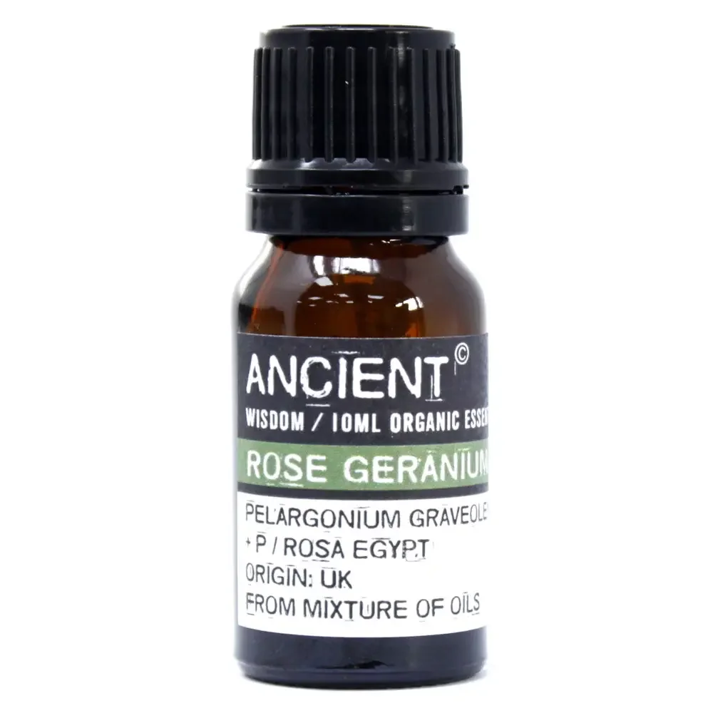Flask bottle of rose geranium organic essential oil 10ml, green label.