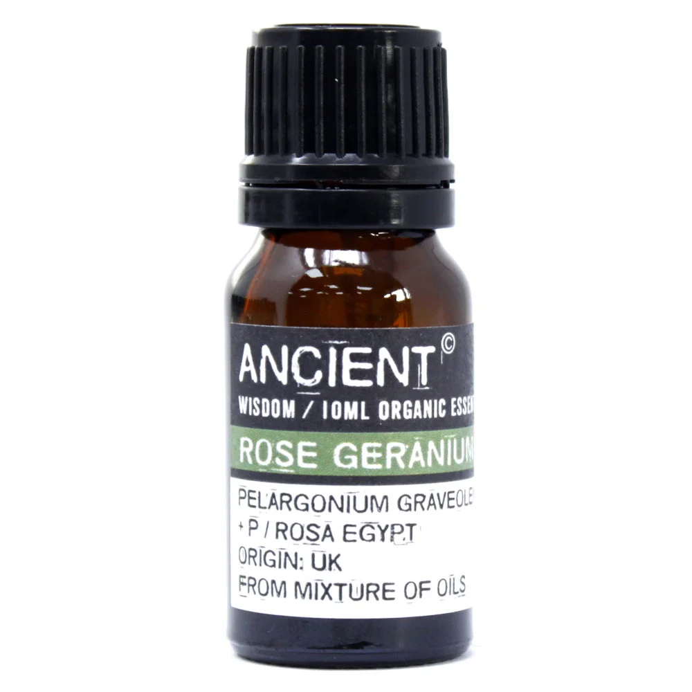 Amber glass bottle labelled Rose Geranium Organic Essential Oil 10ml with a small dropper cap