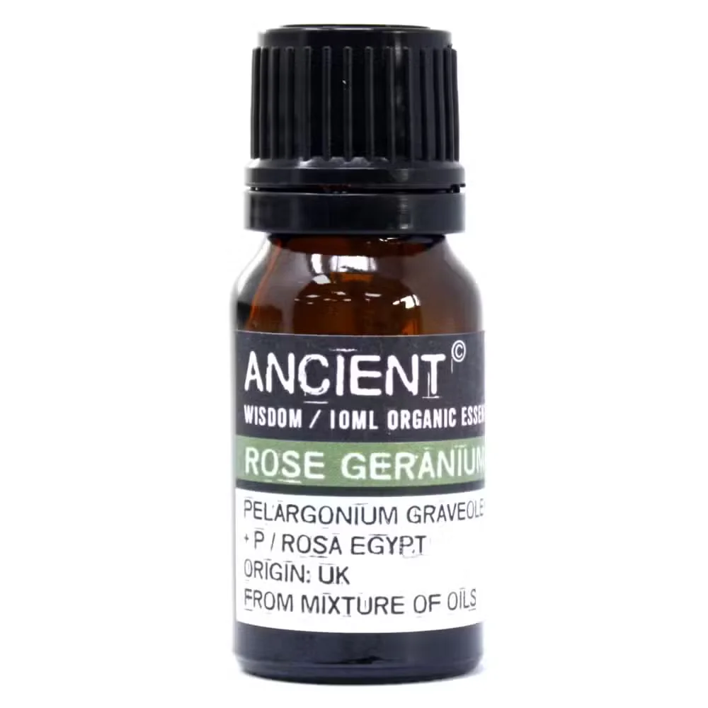 Rose Geranium 10ml essential oil in glass bottle with printed label