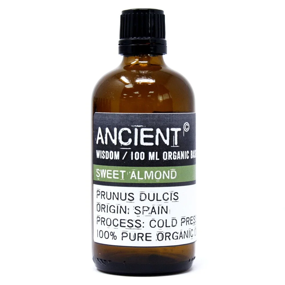 Clear glass bottle of organic sweet almond oil, 100ml label.