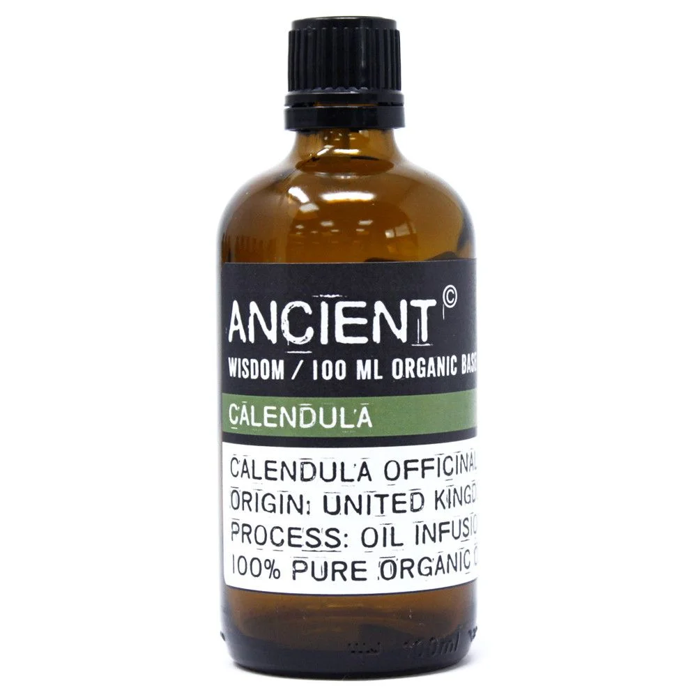 Glass bottle of organic calendula oil, 100ml, with label.