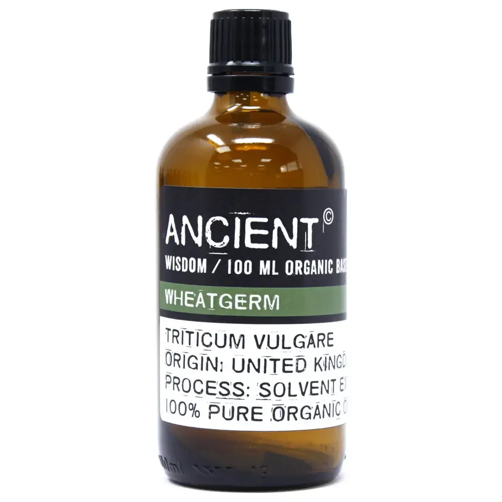 Clear 100ml bottle of wheatgerm base oil with green label.