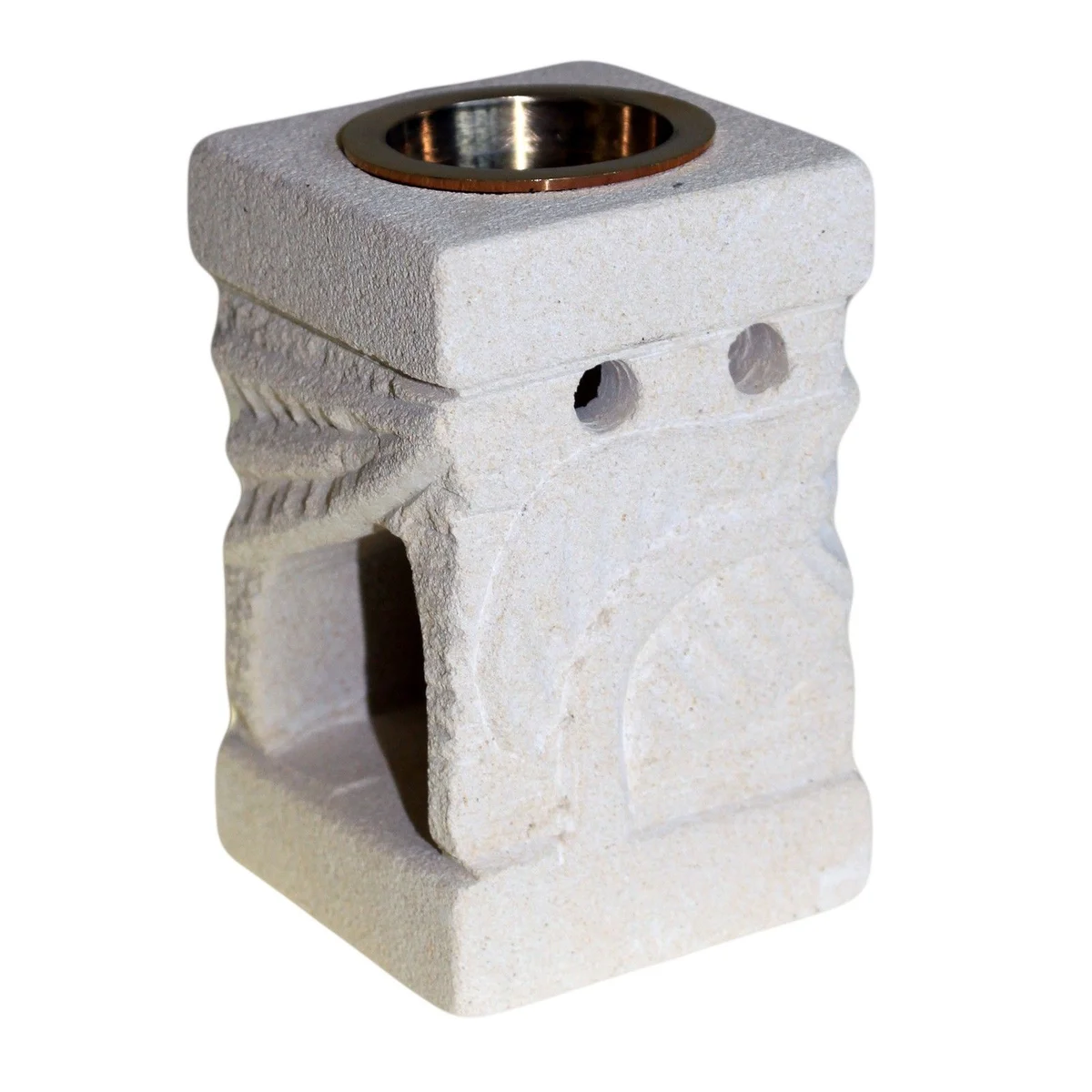 Stone oil burner carved leaf, rustic stone design with detailed leaf carving