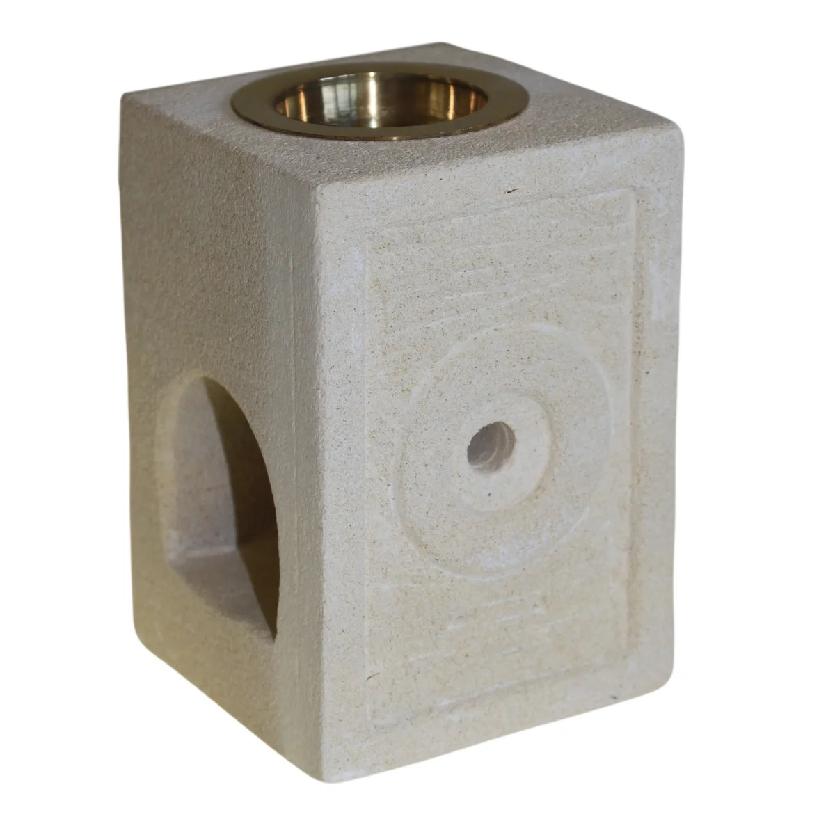 Square stone Moorish oil burner displayed in a simple layout.
