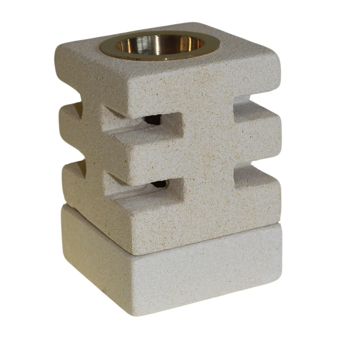 Stone oil burner with abstract cuts, smooth textured surface, cylindrical metal body.