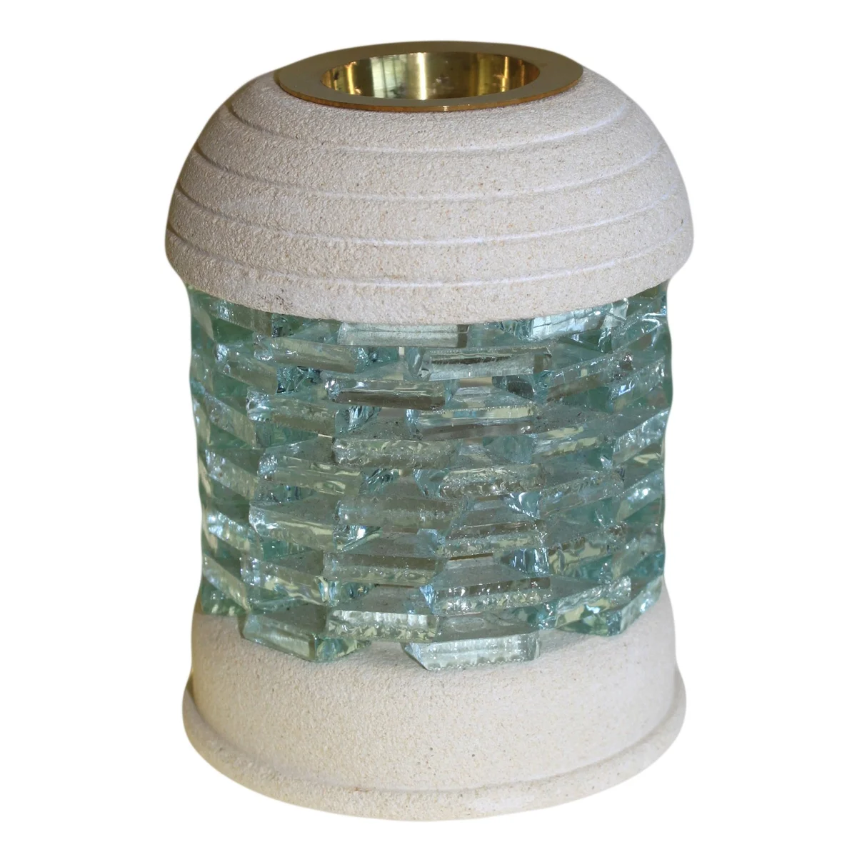 Stone oil burner inside a round glass brick oil burner.