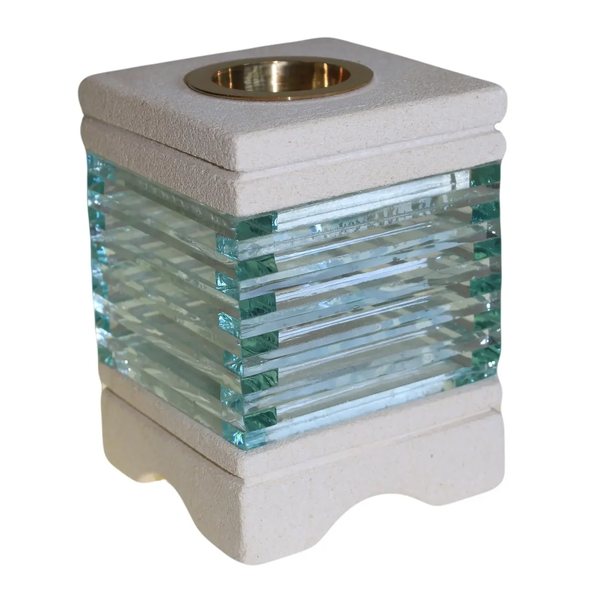 Square oil burner made from clear glass bricks, rectangular shape.