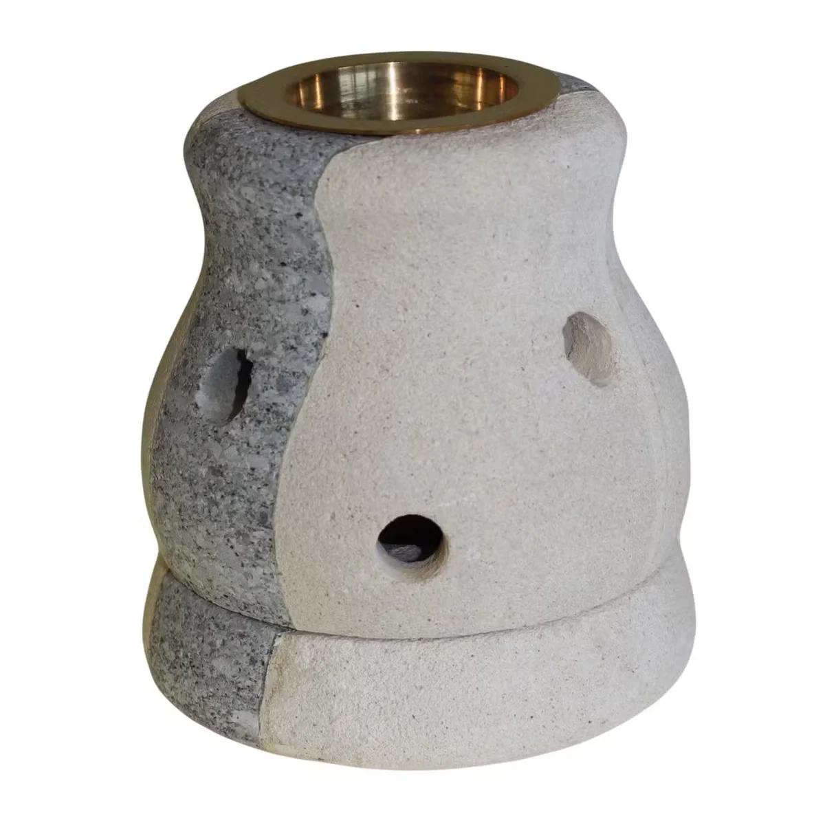 Shaped oil burner made of stone, featuring a decorative combo design.