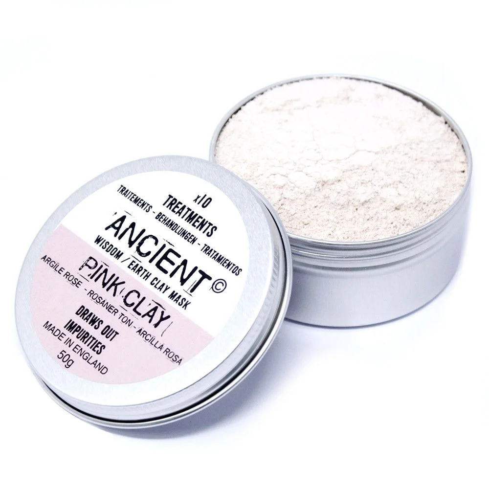 Pink clay face mask in a clear jar with a pink label, product title and 50g size displayed.