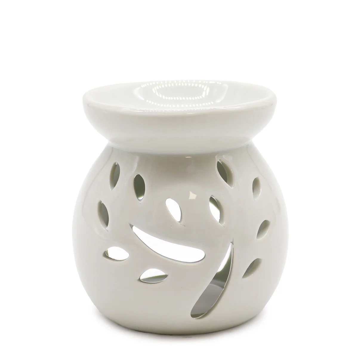 White oil burner shaped like a tree cut-out, featuring a slender tree silhouette in classic white.