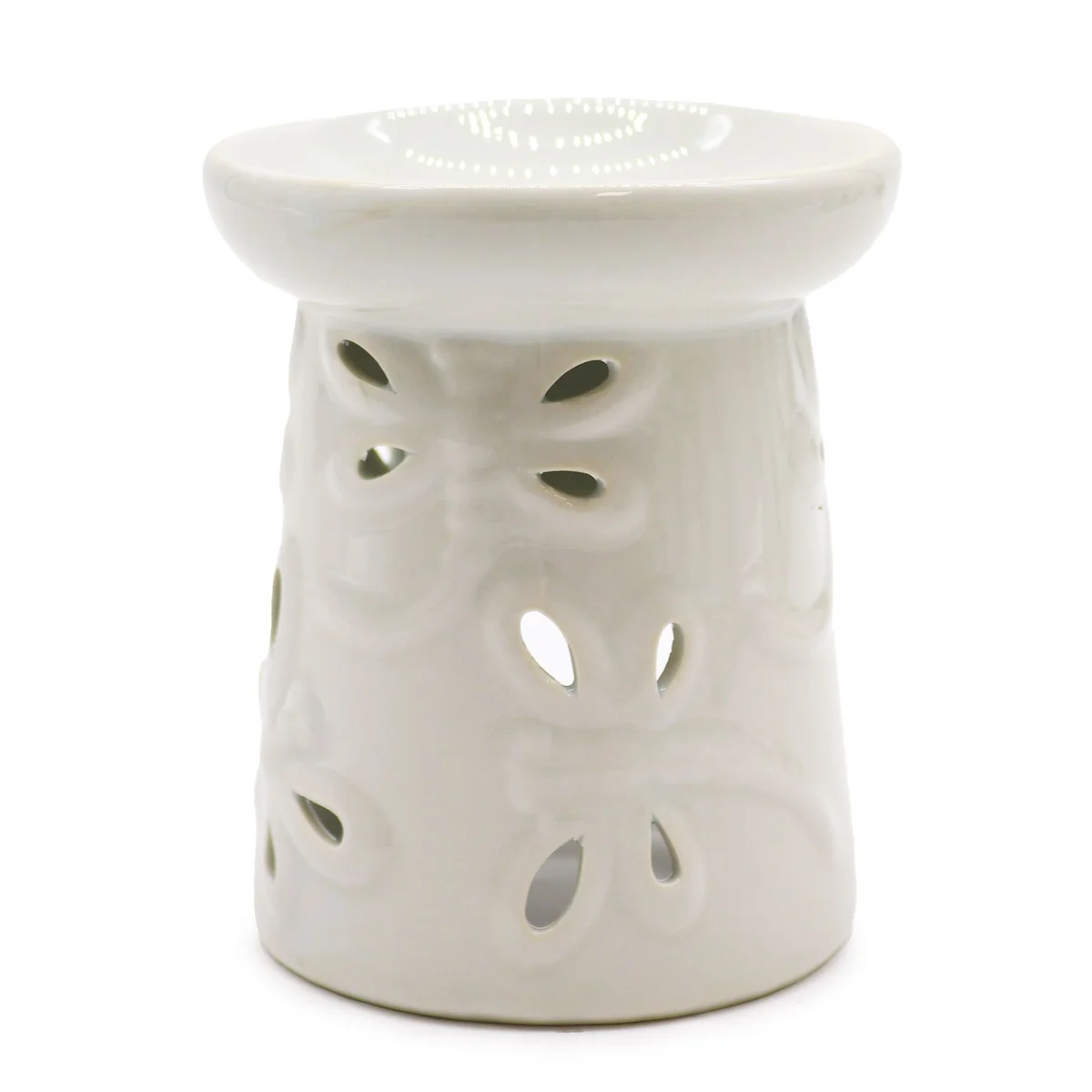 Classic white oil burner with intricate dragonfly motif, sleek white finish and polished metal for a fresh kitchen look.