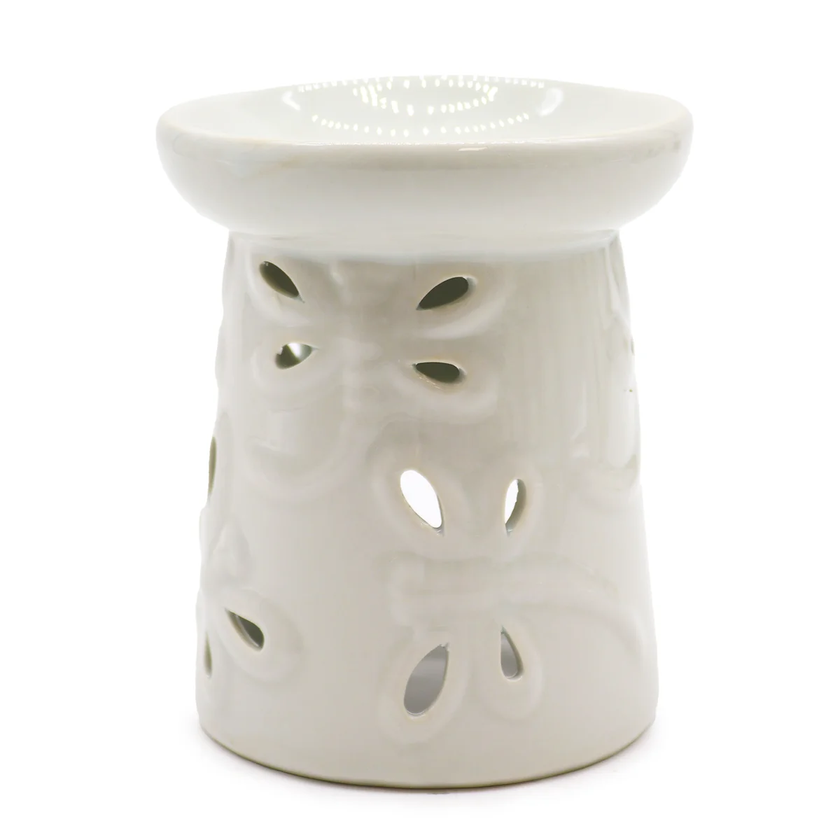Classic white oil burner featuring a dragonfly design.