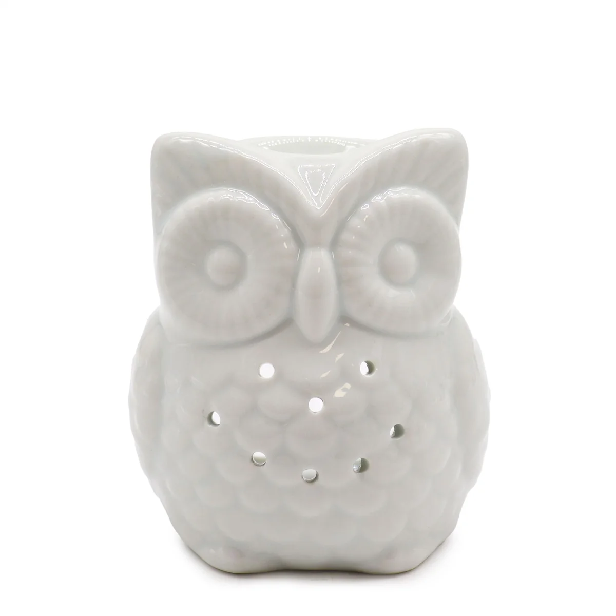 Classic white oil burner shaped like a tall owl, featuring a sleek white design.