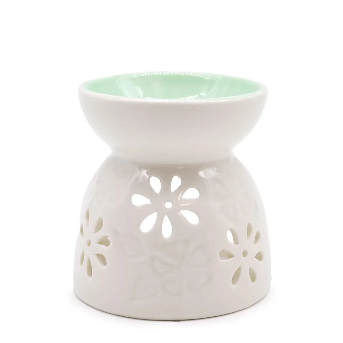 Classic oil burner in white with floral pattern, featuring a teal well base.