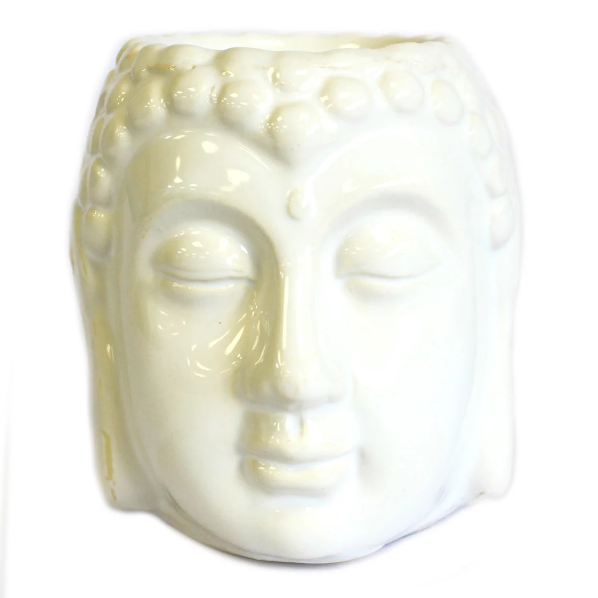 Graceful white Buddha oil burner displayed on a plain background.