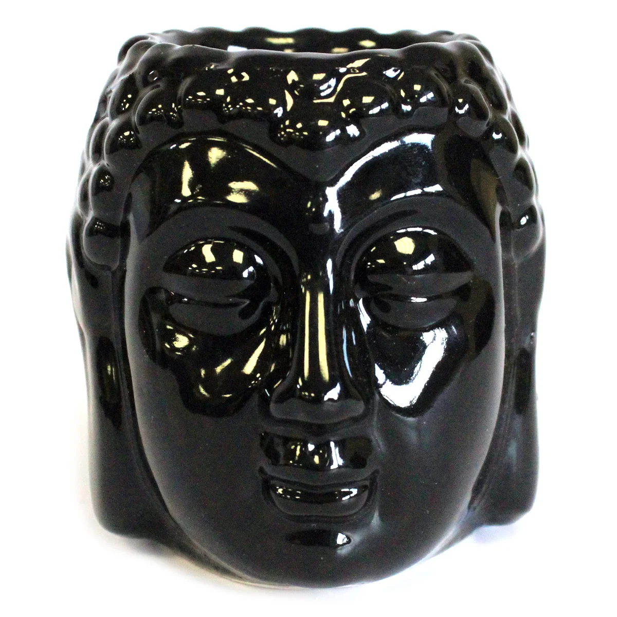 Black Buddha oil burner with simple design and dark surface