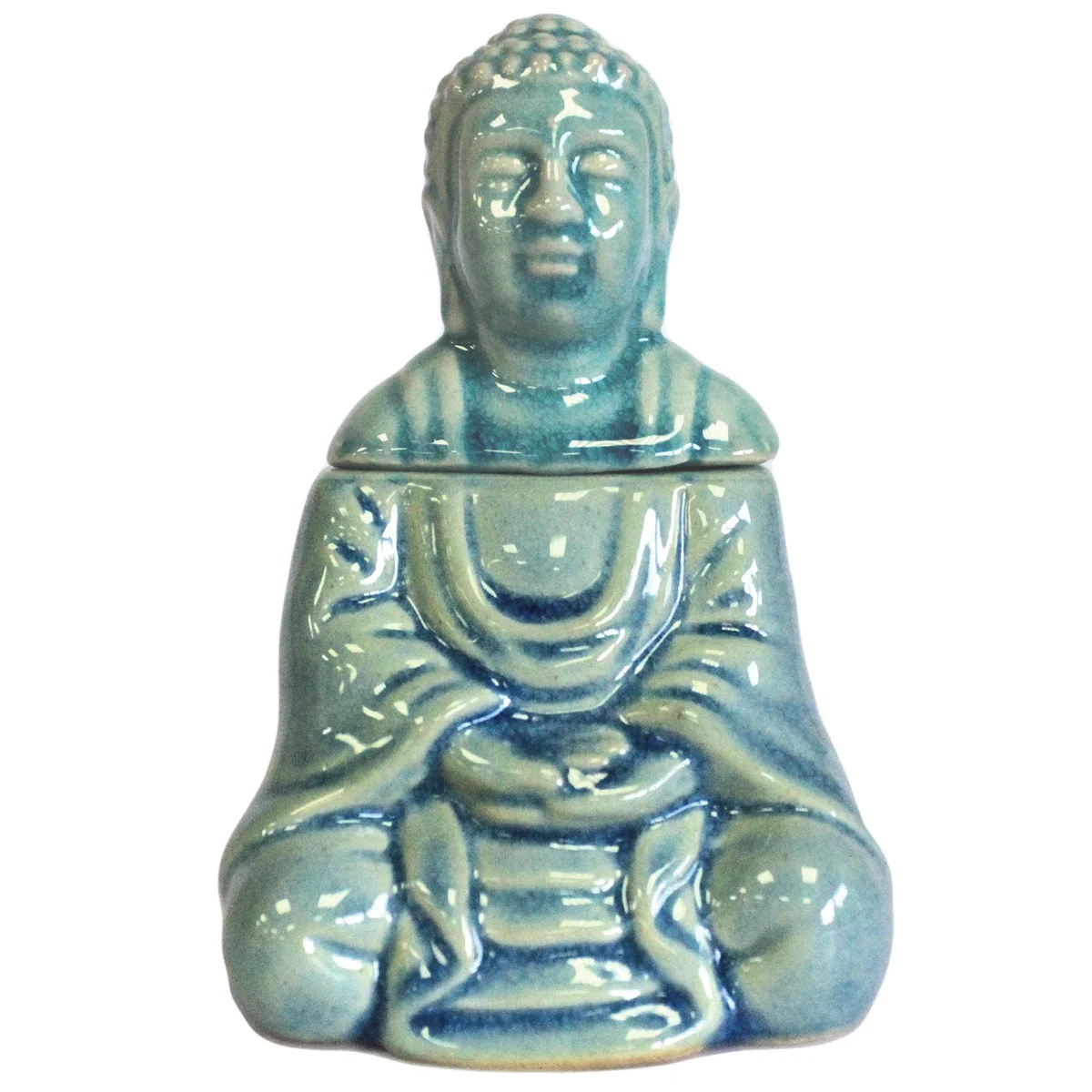Blue oil burner shaped as a sitting Buddha figurine